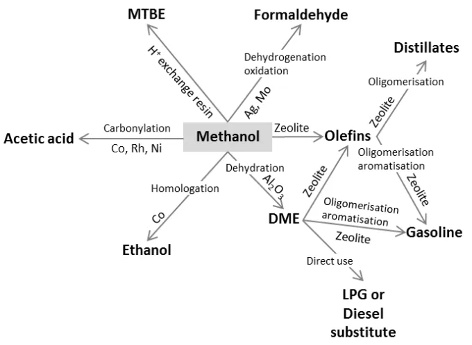 Figure 1. Possible industrial transformations from methanol, including production processes and products [13]