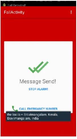 Fig 4: Fall alert message  As a positive fall is detected the alert activity is invoked and as per the given timer settings a countdown is 