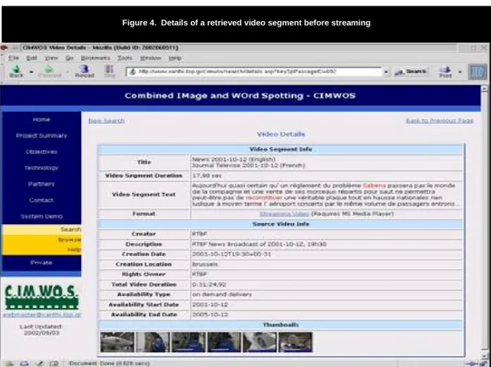 Figure 4.  Details of a retrieved video segment before streaming 