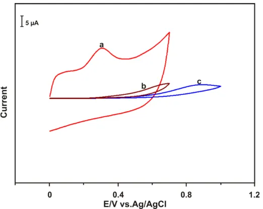 Figure 5.  Cyclic voltammograms of ERGO/GCE (a),GO/GCE (b), and bare GCE (c) modified electrodes in the presence of  60 µM INZ in deoxygenated PBS at 100 mV s−1 scan rate