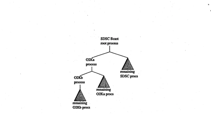 Figure  8:  An  example of  a  multilevel  topology-aware  broadcast  tree  rooted  at SDSC spanning 2  Origin 2000s (02K,  and 02Kb)  at  NCSA  and  a n   IBM SP at SDSC