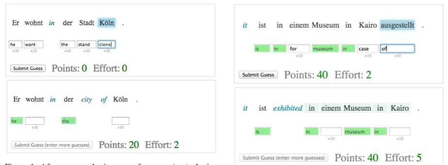 Figure 1: After a user submits a set of guesses (top), the in-terface marks the correct guesses in green and also reveals aset of translation clues (bottom)