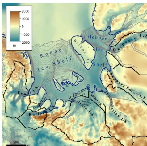 Figure 1. Catchments of the Filchner–Ronne Ice Shelf tributaries,shown overlain on the Bedmap2 bed topography (colour scale) usedin this study