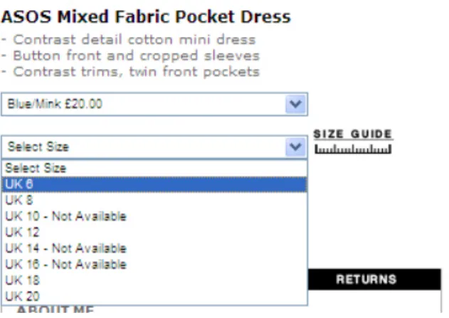 Figure 4. ASOS Form: changing the colour triggers a JavaScript function that changes available sizes