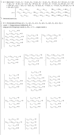 Figure 2.6: The computed rank values and the corresponding conditions on the parametersfor Example 2 (part 1)