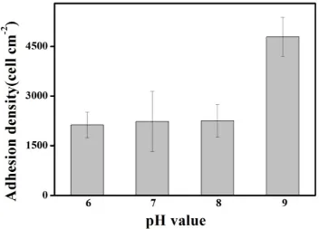 Figure 2.  Influence of culture pH value on the mean (± S.D.) adhesion density of C. vulgaris