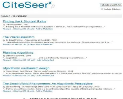 Fig. 1. Sample search results for the query “shortest path finding algorithm” on CiteseerX