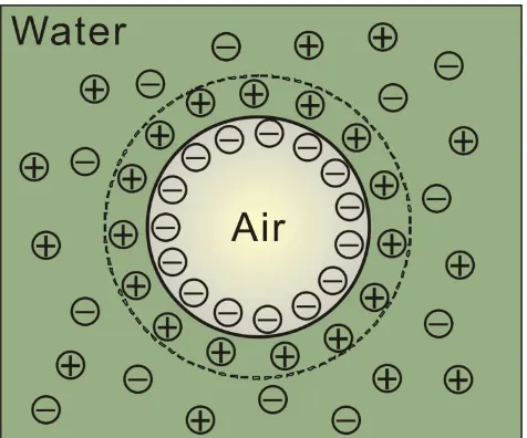 Figure 1. Schematic view of the charged air bubble in aqueous solution. The presence of the charges on the bubble surface causes a specific ions distribution leading to formation of an electric double layer