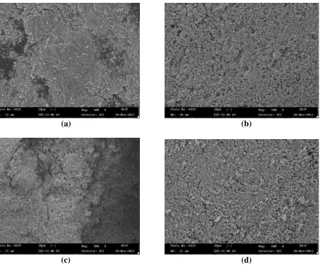 Figure 1.SEM micrographs of oxide powders heated at 400 0C for 4 hrs at magnification (×500):      (a) Fe3O4  (b) Co0.5Fe2.5O4 (c) CoFe2O4   (d) Co1.5Fe1.5O4 