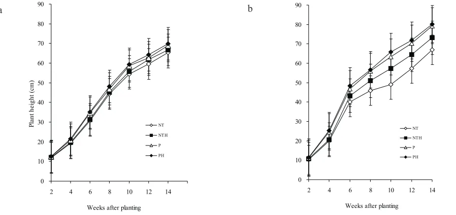 Fig.�1. Effect�of�tillage�methods�on�plant�height�of�soybean:�a�–�2004,�b�–�2005�seasons.