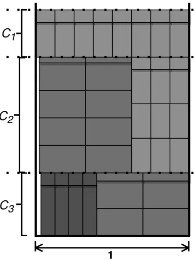 Figure 2.2: A fractional solution with three conﬁgurations, C1, C2, C3, and three rectangle types.