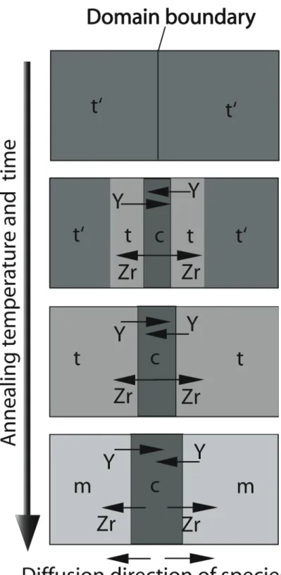 Fig. 6. Schematic diagram of the YSZ phase distribution and its evolution upon annealing (see comments in text) 