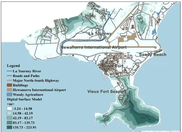 Figure 2. The drainage basin and study area (Sources: Saint Lucia Digital Elevation Model downloaded from http://www.charim-geonode.net/layers/geonode:dem; Saint Lucia river networks downloaded from http://www.charim-geonode.net/layers/geonode:rivers; Map 