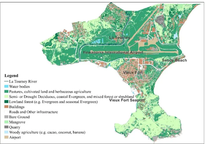 Figure 4. Land cover map of the study area (Sources: Saint Lucia 2014 Land Cover Map downloaded from http://www.charim-geonode.net/layers/geonode:landcover_2014_improved1)