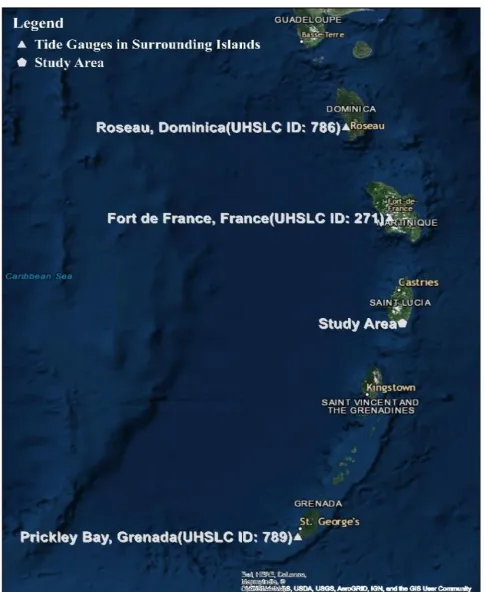Figure 6. Locations of utilized tide gauges in surrounding islands (Sources: Esri, DigitalGlobe, 