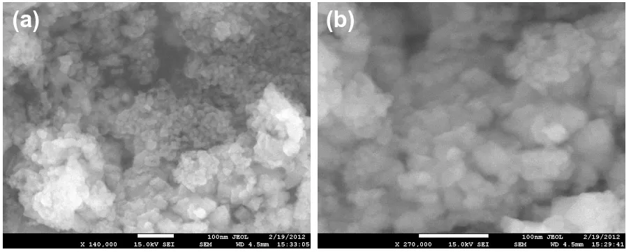 Figure 1. Typical (a) low-magnification and (b) high-resolution FESEM images of CeO2 1 nanoparticles