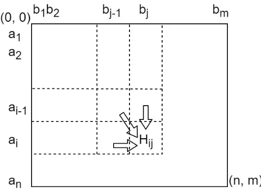 Figure 2.1: A matrix H is created to split sequence alignment problem into smaller problems.Suppose we have sequences A = a1a2...an and B = b1b2...bm, where 0 < i  n and 0 < j  m.At any position (i, j) during dynamic programming, the alignment path can c