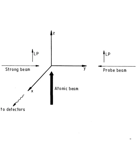 Figure 2.2: Geometry of the experiment. The strong and probe laser beams propagated in the y and -y directions respectively, and were linearly polarized in the z direction