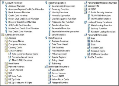 Figure 2.7: A sampling of the IBM Optim data masking algorithms [68] 