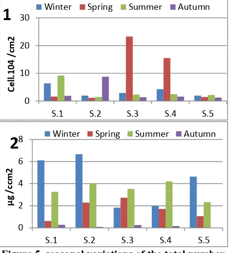 Figure 5. seasonal variations of the total number (1) and chlorophyll-a (2) of attached algae 