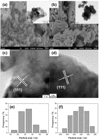 Figure 2.  XRD patterns of FE-SEM images [The inset indicates FE-TEM images] of (a) NS-LMO and (b) SS-LMO