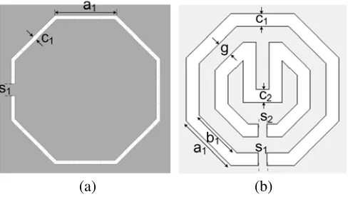 Figure 3. (a) Basic unit CSRR (left). (b) Double-ring stub-loaded CSRR (right) (grey region is metal,white region is substrate).