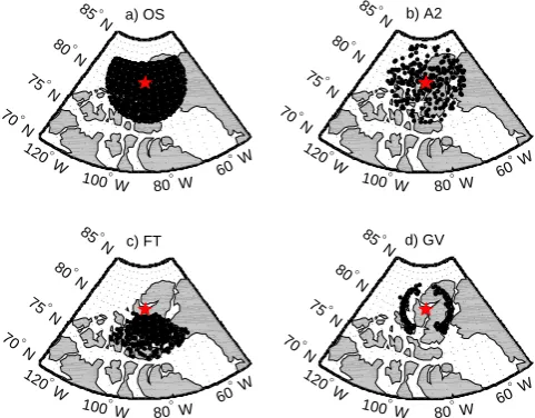Fig. 2. Location of ozone air mass sampled by (a) all OSIRISscans and (b) ACE-FTS v2.2 occultations used in this study; and(c) Bruker FTIR and (d) GBS spring-time measurements