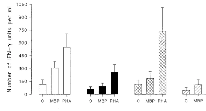 FIG. 4. Effects of IFN-�to the optimal dilution of MBP or PHA or left without stimulation