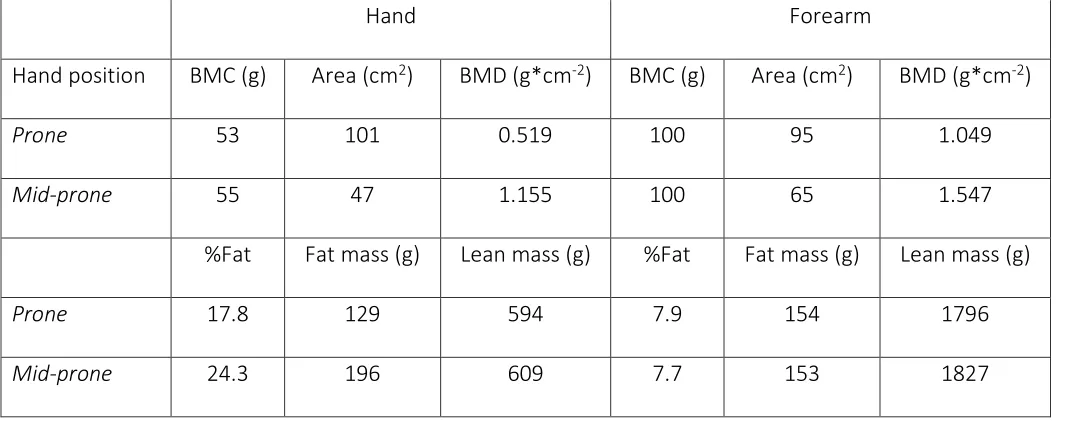 Table 2.   Differences in iDXA bone and body composition parameters of the hand and forearm according to hand position, derived from a single 