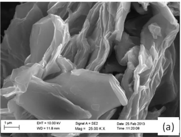 Figure 1(b) reveals that the material consists of thin, haphazardly aggregated, wrinkly sheets closely 