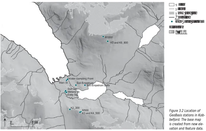 Figure 3.2 Location of  GeoBasis stations in  Kob-befjord. The base map  is created from new  ele-vation and feature data.