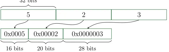 Figure 3.1: A 3-variable exponent vector packed into a single machine word.