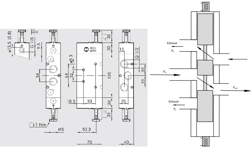 Figure 2-7 (a) Mechanical illustration of the METALWORK 5/2 3/8 inch bistable double solenoid valve along with (b) its internal structure and the valve spool