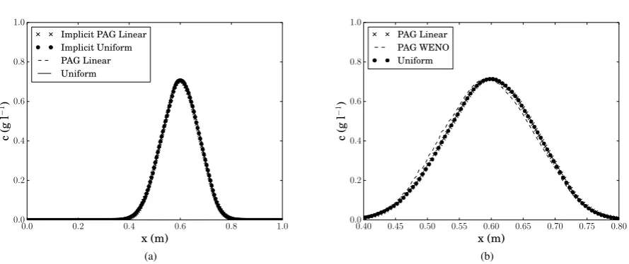 Figure 1: Comparison of the analytical solution with the numerical solutions for cequivalent piecewise adaptive grid with a linear reconstruction (PAG-linear) at for Test 1 computed using a uniform grid of 200 cells and an t = 0.6 min.