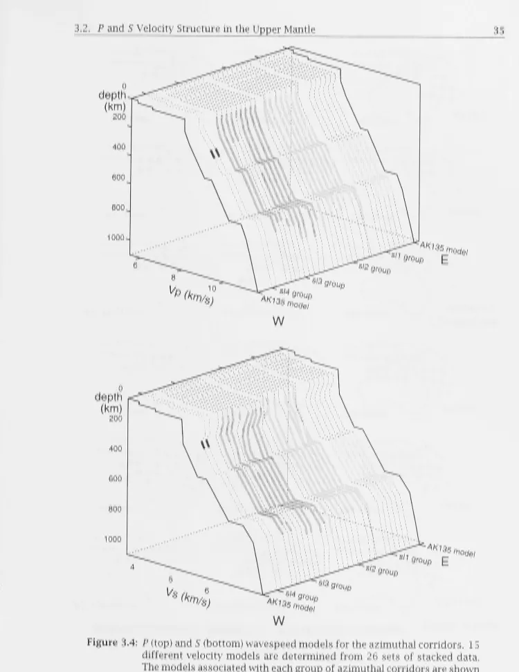 Figure 3.4: P (top) and S (bottom) wavespeed models for the azimuthal corridors. 15 different velocity models are determined from 26 sets of stacked data