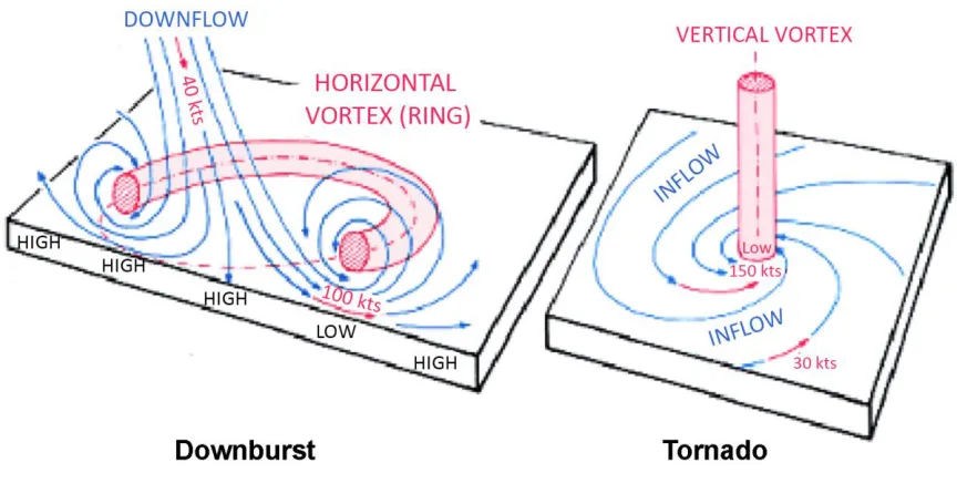 Figure 1.1: Differences in flow structure between downburst (microburst) and tornado (Adapted from NOAA photo library) 