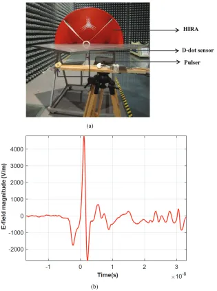 Figure 1. (a) Experimental setup to measure time domain pulses. (b) Sample sensor output signal.