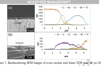 Figure 1. Backscattering SEM images of cross section and linear EDS scan of: (a) H-