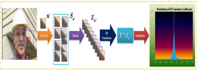 Fig. 4.1  Illustrations for nonlocal statistical modeling for self-similarity in 3D transform domain at block level