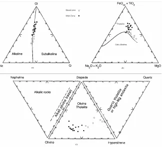 Figure 5.  Geochemical classification of basal and main zone rock types, Qara Aqaj intrusion; diagram, a normative Ne-Q- Ol, b AFM c CIPW normative composition 