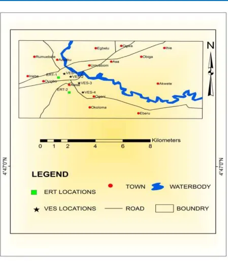 Fig. 1: Location map of study area showing VES and ERT positions 