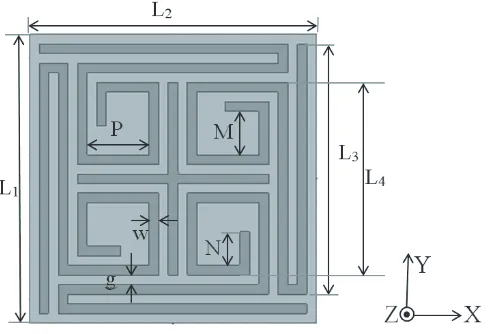 Table 1. Line width and gap between the lines is 0.2 mm. Lengths of the lines are optimized, and unitcells are analyzed using transmission line model to get desired low transmission at 5.8 GHz.