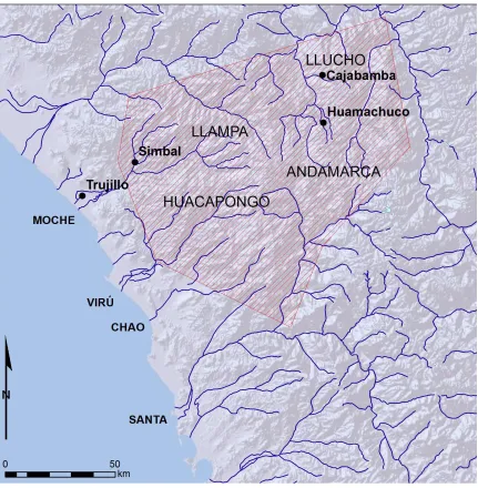 Figure 6. Map of the approximate territory of the province of Huamachuco during the Inca period and early Colonial period, with the approximate territory of the four local guarangas (Map adapted from Topic 1992, figure 13:65, courtesy of Jean-François Mill