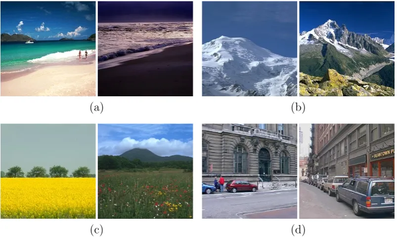 Figure 1.1: Challenges of scene recognition are: (a) illumination changes, (b) scalevariations, (c) intra-class variability, and (d) inter-class similarities (in (d), the classof left image is ‘insidecity’, class of the right image is ‘street’).