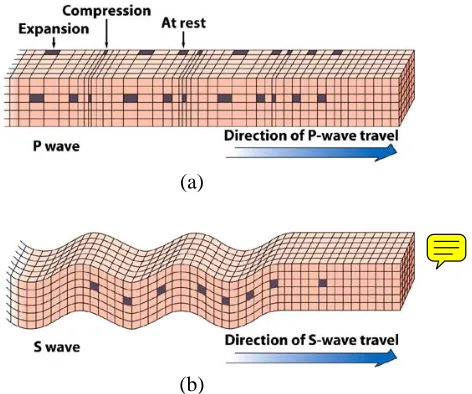 Figure 1. Waves propagation. (a) Primary waves. (b) Rayleigh (surface) waves.