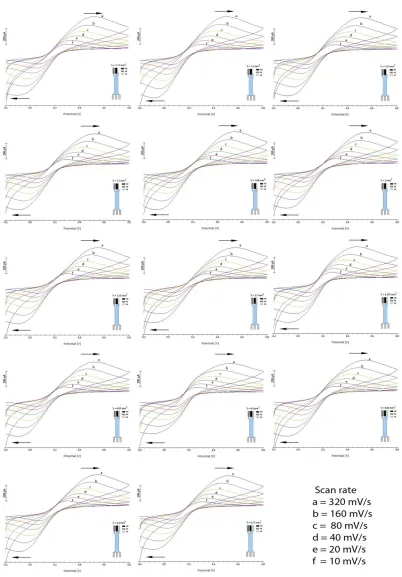 Figure 5. Cyclic voltammograms of potassium ferro-ferricyanide system measured by tested differently sized AEs using six scan rates