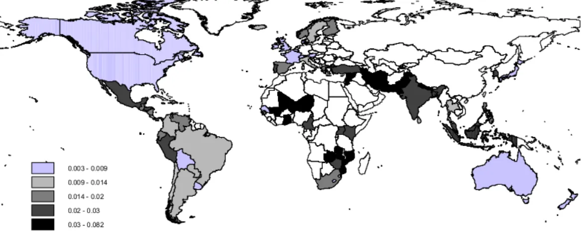Figure 5: Distribution of schooling growth rates (1960-2000) 0.003 - 0.009 0.009 - 0.014 0.014 - 0.02 0.02 - 0.03 0.03 - 0.082