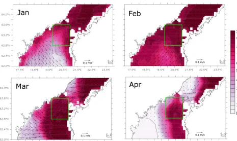 Figure 2. (a)–(d) Forecasted monthly mean ice concentration and ice drift in winter 2011