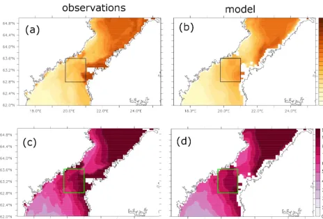 Figure 3. Mean forecasted and observed (a, b) level ice thickness and (c, d) ice concentrations during winter 2011 (JFMA)