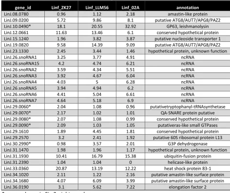 Table 1: Selection of gene CNVs in L. infantum field isolates (see full data in S7 Table)  